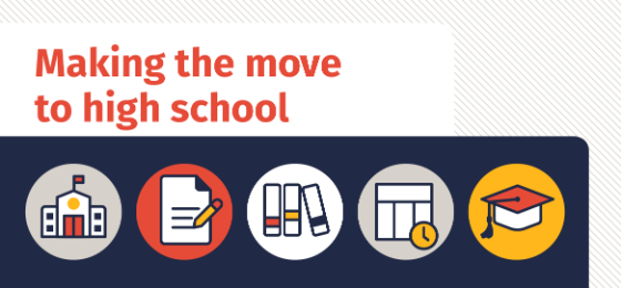 Icons of a school, paper and pencil, books, a timetable and a grad cap appear on a dark blue background below the words Making the move to high school