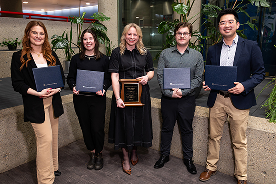 The five teachers recognized for the 2026 Edwin Parr Award for first-year teachers.: Cassandra DuChene from McNally School, Olivia Branco from Baturyn School, Cokee Schmidt from L.Y. Cairns School, Austin Bosh from Calder School, and Leo Li from McNally School.