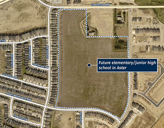 Map showing the location of the newly announced future elementary/junior high school in Aster