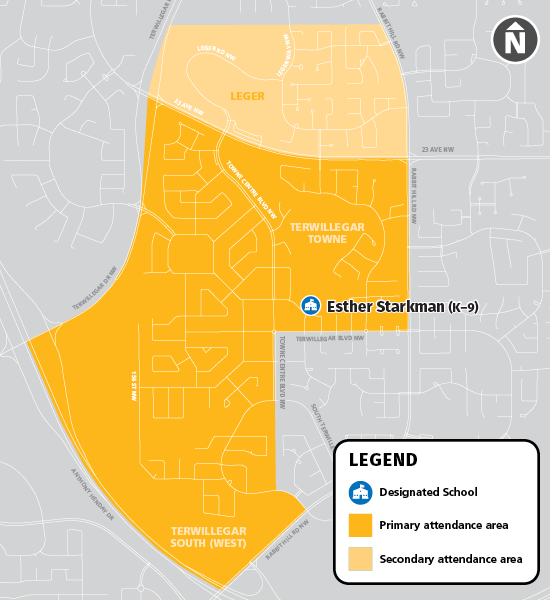A map displaying Esther Starkman school's location and surrounding attendance area highlighted in yellow