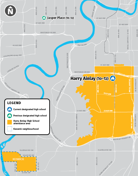 A map showing the attendance area for Harry Ainlay High School with the Keswick neighbourhood included.