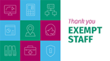 9 icons set against blue, green and magenta backgrounds with the words thank you exempt staff